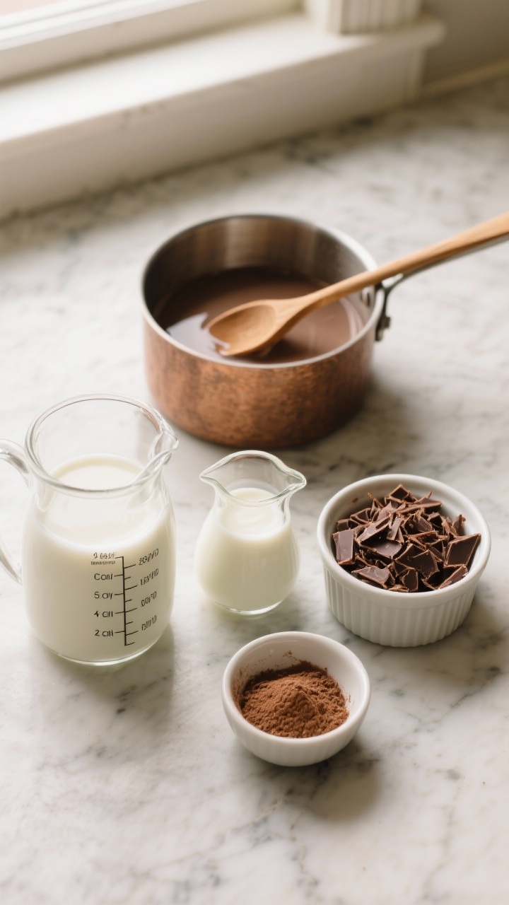 Overhead ingredient shot: A neat flat lay on a cool marble surface showing the Classic Cozy Hot Chocolate Base components measured out—4 cups whole milk in a glass jug, 2 cups half-and-half in a small pitcher, 8 oz finely chopped semisweet chocolate in a ramekin, 3 tbsp unsweetened cocoa powder in a tiny bowl, and 1/4 cup granulated sugar in a pinch bowl; a heavy saucepan centered with a wooden spoon, soft window light, warm neutral tones, no people, professional styling, emphasizing velvety chocolate shavings and powdery cocoa textures.