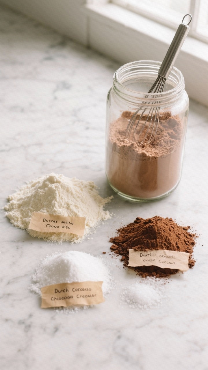 Overhead ingredient shot of a DIY big-batch creamy cocoa mix on a cool-toned marble surface: neat piles of nonfat dry milk powder, powdered sugar, Dutch-process unsweetened cocoa powder, instant non-dairy creamer (plain and vanilla), and a pinch of fine sea salt, each labeled on parchment slips; a large glass jar half-filled with the blended mix, a metal whisk with cocoa dusting, subtle contrast between the pale milk powder and deep cocoa, clean natural window light for a cozy budget-friendly pantry vibe.