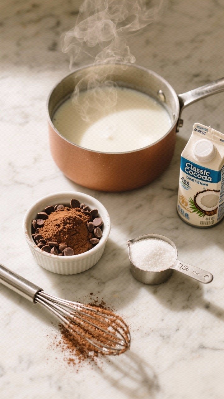 Overhead ingredient shot of the Classic Cozy Cocoa Base mise en place on a marble surface: a saucepan of steaming whole milk and heavy cream, a small bowl of unsweetened cocoa powder, a ramekin of semisweet chocolate chips, a measuring cup with granulated sugar (1/3 cup), and a whisk dusted with cocoa, with optional swaps visible (oat milk carton and coconut cream can) for dairy-free; warm, cozy lighting, soft steam rising, clean labels hidden, professional food styling.
