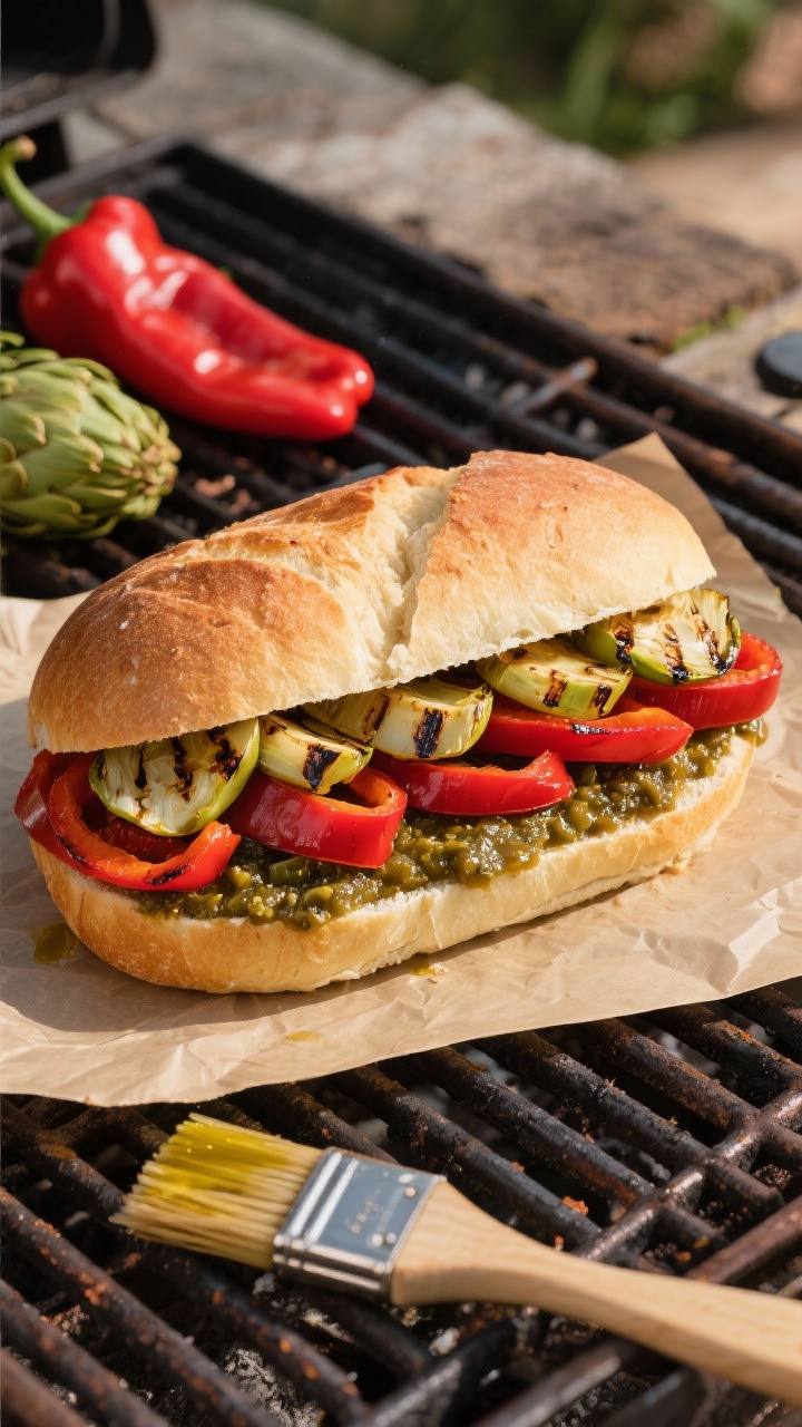 Overhead ingredient-styling of a Roasted Pepper & Artichoke Muffuletta on the grill: large round Italian loaf sliced horizontally, the bottom spread with olive-y relish; neat layers of grilled and peeled red bell pepper strips and marinated artichoke heart quarters arranged beside the loaf, ready to stack; grill grates in frame, a basting brush with olive oil, and parchment nearby; vibrant reds and greens pop against a rustic outdoor setup.
