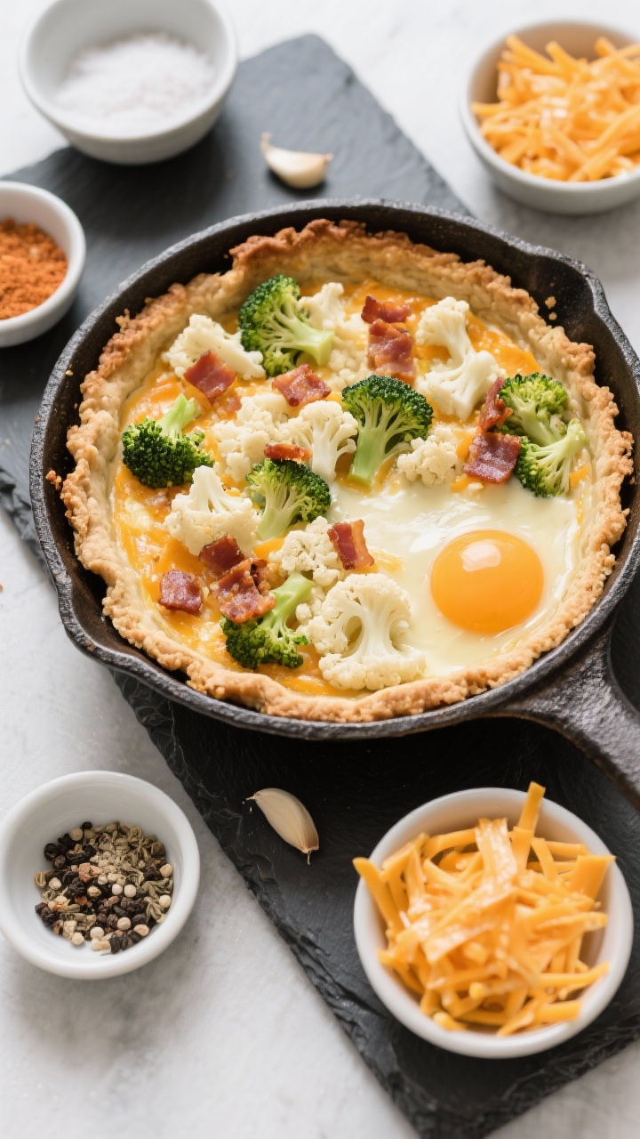 Overhead ingredient-to-assembly shot for a Cheddar Cauliflower Hash Crust Quiche with Broccoli and Bacon: a skillet-pressed crust of riced cauliflower squeezed dry and mixed with shredded sharp cheddar, egg, garlic powder, salt, and black pepper, edges browned; partially filled with small broccoli florets and crumbled bacon, awaiting custard pour; small bowls with extra cheddar and seasonings arranged around on a slate board; bright, crisp styling that emphasizes the orange cheddar against pale cauliflower.