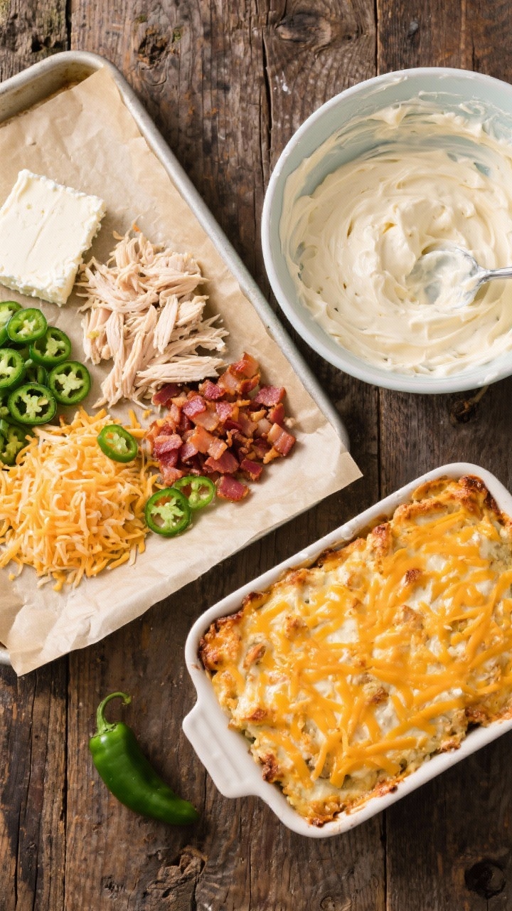 Overhead ingredient-to-assembly shot for Jalapeño Popper Chicken Casserole: a parchment-lined sheet holding shredded cooked chicken, chopped cooked bacon, softened cream cheese, mayonnaise, shredded sharp cheddar, shredded pepper jack, and sliced fresh jalapeños. A mixing bowl shows the creamy base mid-fold, and a small baking dish contains the assembled casserole topped with a vibrant cheddar crust ready to bake. Bright contrast between creamy mixture and green jalapeños; rustic wood surface, tight composition, no hands.