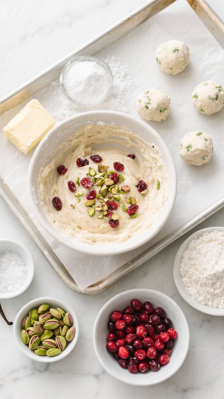 Overhead ingredient-to-assembly shot for Pistachio-Cranberry Snowballs: mixing bowl with pale dough studded with vibrant ruby dried cranberries and chopped pistachios, surrounded by mise en place—softened butter, powdered sugar, vanilla extract, all-purpose flour, fine sea salt, and separate bowls of bright green pistachios and jewel-like cranberries. A parchment-lined sheet pan with a few hand-rolled dough balls ready to bake, light holiday vibe with white and green accents, clean natural light, no people.