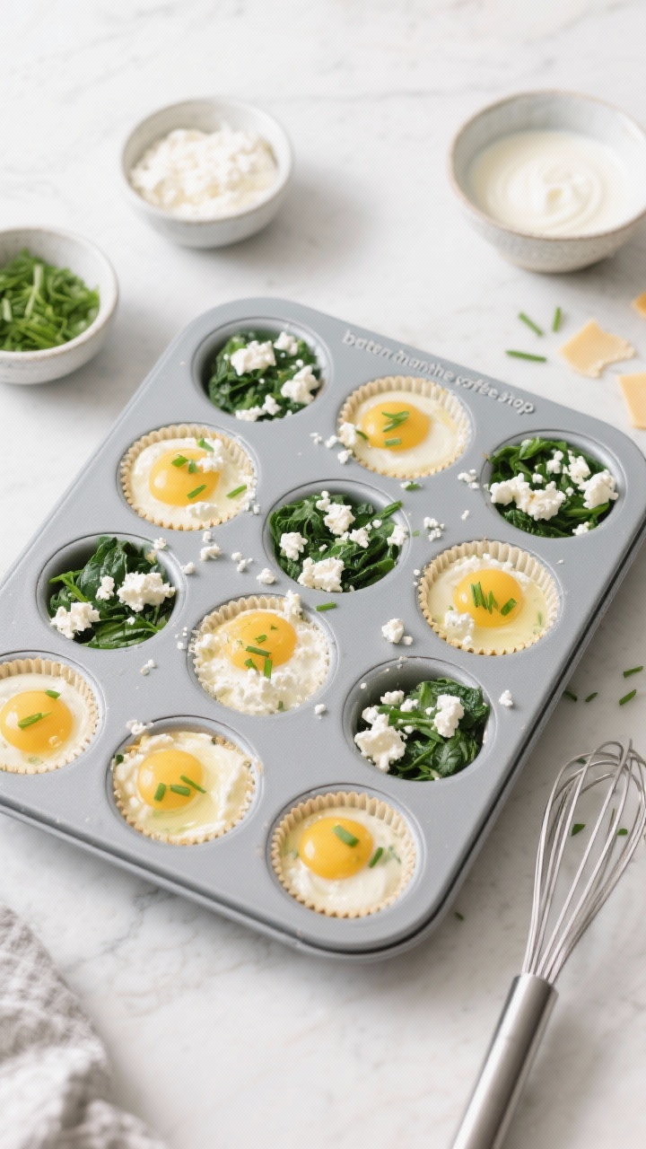 Overhead ingredient-to-bake transition for spinach-feta egg bites: a silicone muffin tray filled with a creamy mixture of beaten eggs, full-fat cottage cheese, heavy cream, chopped fresh spinach, crumbled feta, grated Parmesan, and chopped chives. Some cups sprinkled with extra feta crumbles on top; nearby are small bowls of each ingredient and a whisk with flecks of green. Clean, bright kitchen surface conveying “better than the coffee shop” quality.