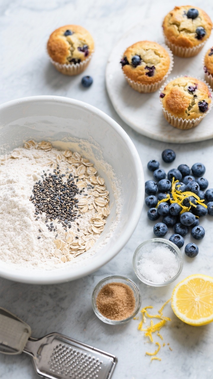 Overhead ingredient-to-batter prep shot for blueberry lemon burst muffins: white whole wheat flour and oat flour in a mixing bowl with chia seeds sprinkled in, sugar/coconut sugar nearby, baking powder and baking soda measured out, fine salt pinch, a pile of fresh blueberries, and bright lemon zest on a microplane; secondary frame element shows a few baked muffins with cracked, berry-studded tops; cool-toned backdrop, high clarity, fresh and zesty mood.