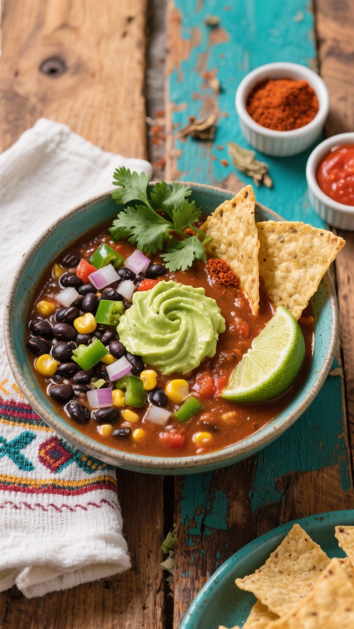 Overhead ingredient-to-bowl transition for black bean and corn tortilla soup with avocado crema: vibrant black bean and corn broth with diced onion and green bell pepper, tomato paste richness, cumin, chili powder, and a pinch of smoked paprika; garnished with crisp tortilla strips, lime wedge, cilantro, and a generous swirl of pale-green avocado crema; small ramekins of spices and tomato paste nearby; bright Southwestern color palette on a rustic wooden table for a lively, hearty mood.