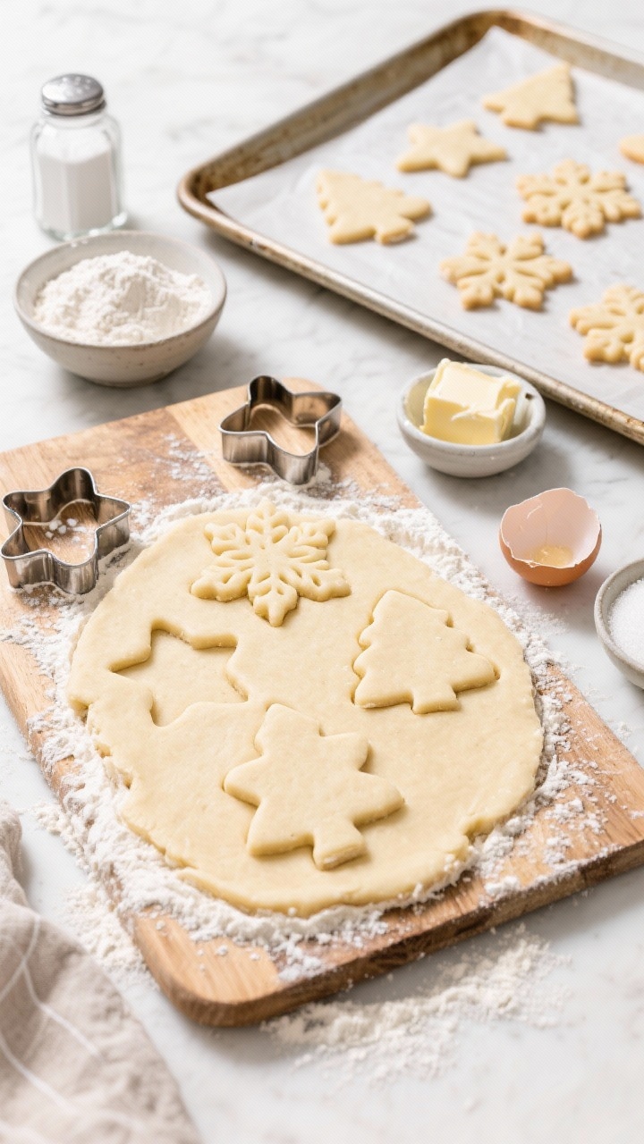 Overhead ingredient-to-cutout process shot for Chewy Cut-Out Sugar Cookies that don’t need chilling: well-floured wooden board with rolled all-purpose flour dough, cookie cutters (stars, trees, snowflakes), shapes already cut and ready to transfer; nearby bowls of flour for dusting, baking powder, fine sea salt, softened unsalted butter, granulated sugar, and a cracked egg; show a parchment-lined baking sheet awaiting cookies; bright, clean light, tidy but lived-in styling emphasizing no-chill ease and chewy results.