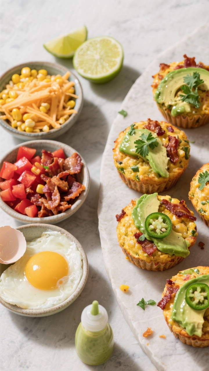 Overhead ingredient-to-final story for Southwest bacon, pepper jack & corn muffins with avocado lime: left side shows prepped bowls of shredded pepper jack, corn kernels, seeded diced tomatoes, chopped bacon, and cracked eggs; right side shows finished muffins topped with a glossy avocado-lime drizzle and a few micro-cilantro leaves, with flecks of jalapeño-like green from the pepper jack peeking through. Bright, southwestern color palette with reds, yellows, greens; arranged on a light stone surface with lime halves and a small squeeze bottle of avocado-lime sauce; vibrant, appetizing, no people.