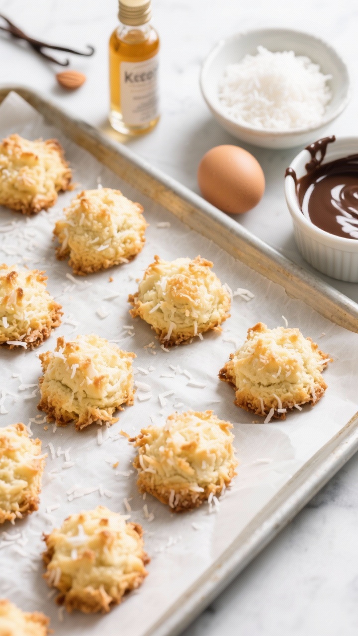 Overhead ingredient-to-finish scene for coconut macaroons: a parchment-lined baking sheet with mounded, golden-edged macaroons showing chewy shredded coconut texture; bowls featuring unsweetened fine shredded coconut, keto sugar-free condensed milk, and a glossy egg white; optional touches include a small bottle of vanilla/almond extract and a ramekin of melted sugar-free dark chocolate for dipping; bright, clean lighting to emphasize texture and toastiness.
