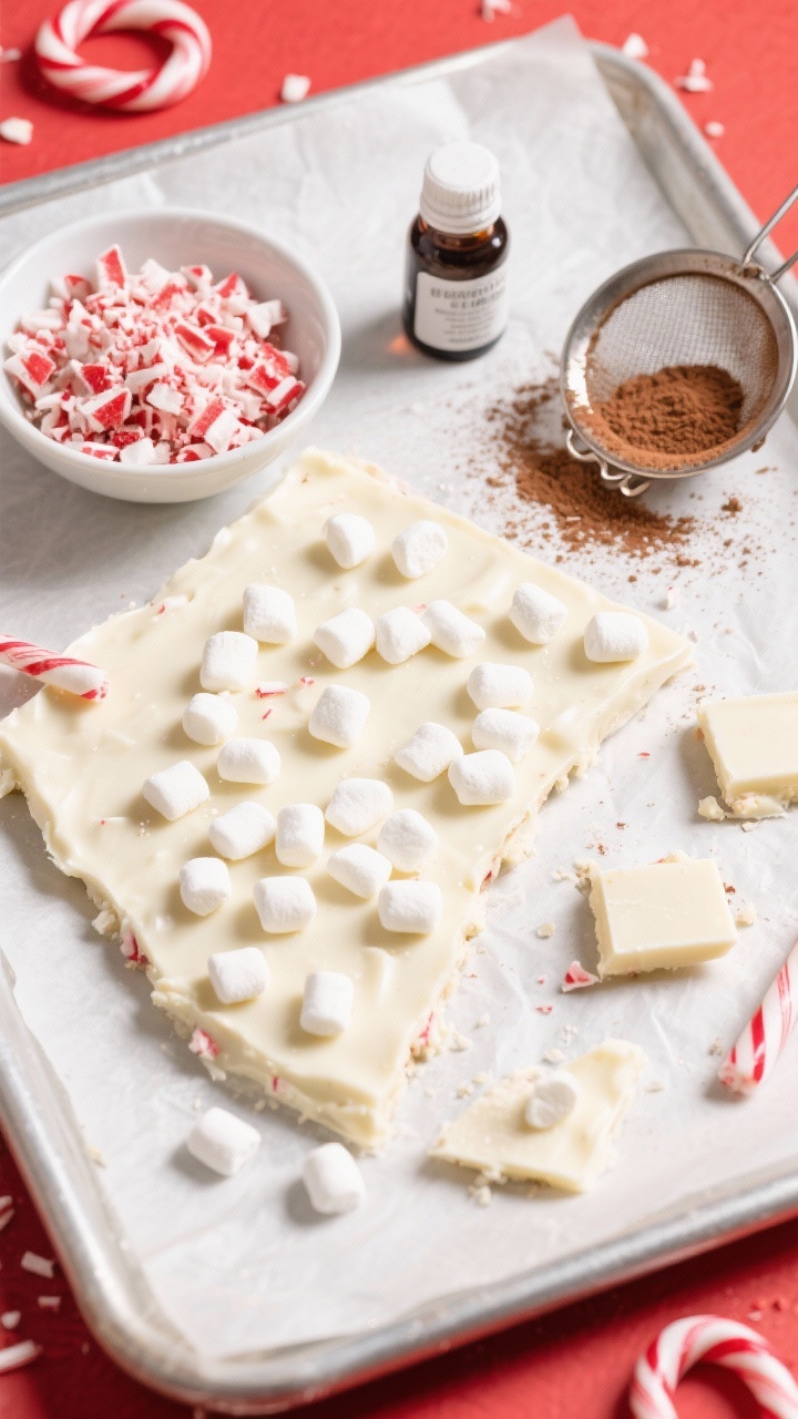 Overhead ingredient-to-finish scene for White Chocolate Hot Cocoa Peppermint Bark: a thick slab of creamy white chocolate bark scattered with pillowy mini marshmallows and a generous 1/2 cup of crushed candy canes, evoking hot cocoa vibes; include chopped white chocolate in a bowl, a small bottle of peppermint extract, and a cocoa-dusted sieve adding a light cocoa powder halo around the setup; playful, bright styling with red-and-white accents, clean parchment-lined baking sheet, and a few broken squares showing marshmallows embedded in the white chocolate.