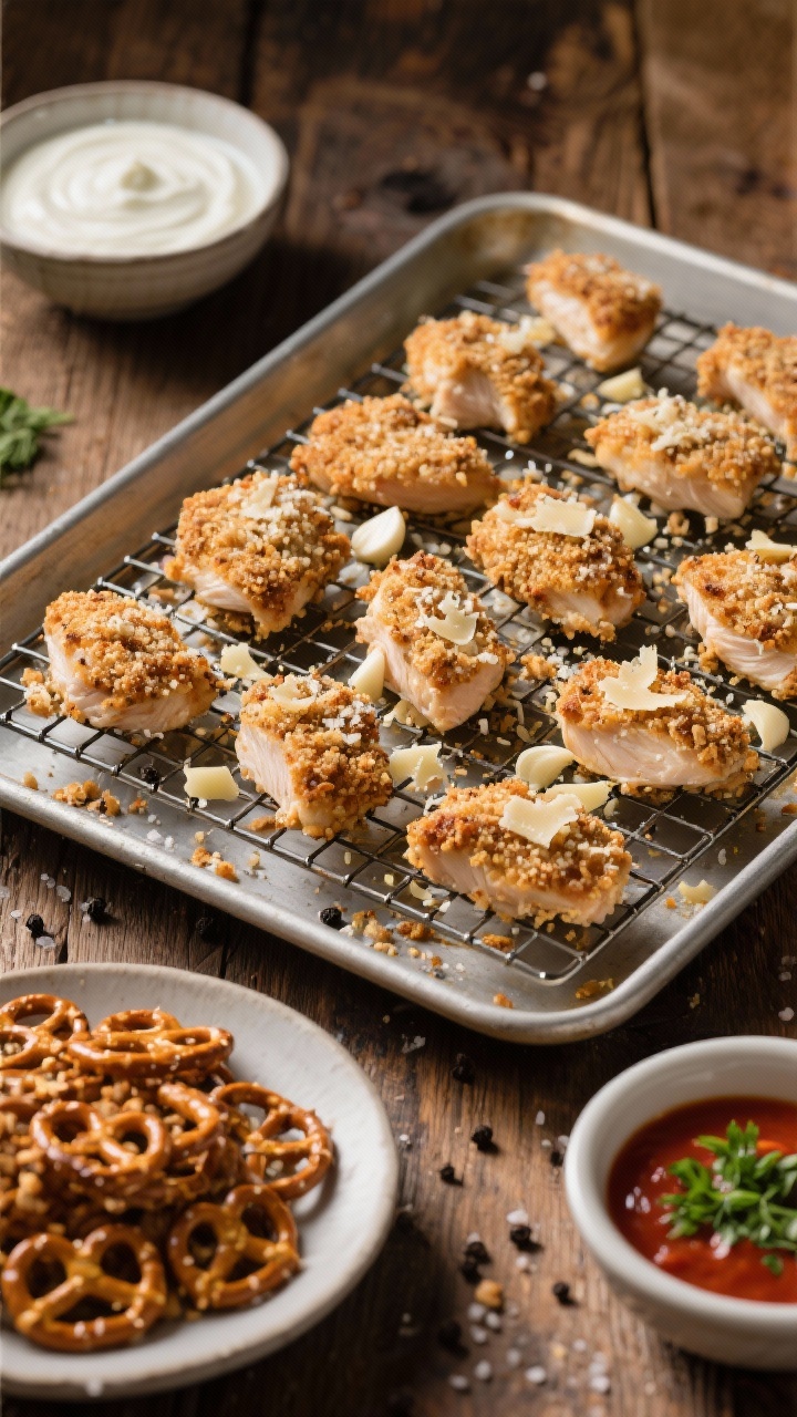 Overhead ingredient-to-oven setup: Pretzel-crusted garlic-Parmesan chicken breast bites on a wire rack over a sheet pan, ready to bake. Textures: crushed pretzel crumbs mixed with grated Parmesan, speckled with garlic and onion powders, kosher salt, and black pepper. Bowls arranged around: plain yogurt (or buttermilk) marinade, a mound of crushed pretzels, and a bowl of herby marinara (parsley and basil flecks) for dipping. Warm studio light, rustic wooden surface, neat mise en place, no hands.