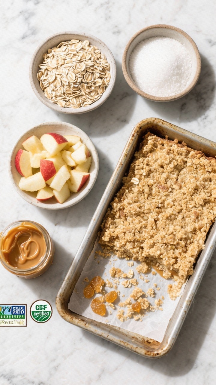 Overhead ingredients-and-process flat lay for Oat Crumble Salted Caramel Apple Dessert Bars (Gluten-Friendly Option): bowls of old-fashioned rolled oats, 1:1 gluten-free flour blend, packed light brown sugar, and granulated sugar next to diced apples; a rustic baking tin lined with parchment partially filled with the oat–GF flour base, reserved crumble scattered in a bowl; a drizzle of caramel ready in a small jar; props labeled “certified GF” oats; cool stone surface, clean styling, emphasis on oat texture and golden brown sugar crystals, bright natural light.