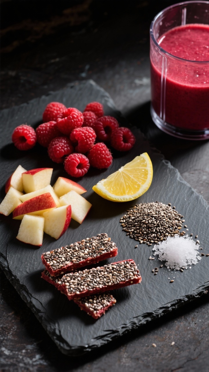 Overhead ingredients-prep shot for Ruby Red Raspberry Chia Power Strips: fresh raspberries and chopped peeled apple ready for blending, lemon wedge, small mound of chia seeds, and a pinch of salt arranged on a dark slate board; bold ruby tones, seeds visibly abundant; include a blender jar nearby to suggest the process; moody contrast with directional side light.