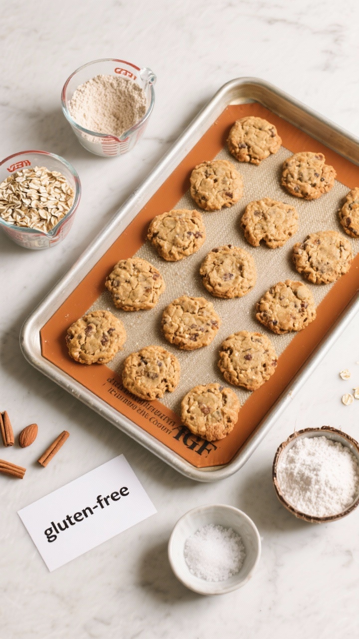 Overhead ingredients-to-final scene for Gluten-Free Cozy Pumpkin Spice Breakfast Cookies: a half sheet pan with GF cookies on silicone mat, surrounded by measured cups of certified gluten-free rolled oats, almond flour, oat flour (GF), and coconut flour, plus tiny bowls of baking soda and GF baking powder, and fine sea salt. A minimalist card reading “gluten-free” near the flours. Warm, cozy palette with pumpkin spice hues, crisp top-down composition, high detail to showcase the sandy almond flour, powdery coconut flour, and oat flecks; professional, clean styling, no people.