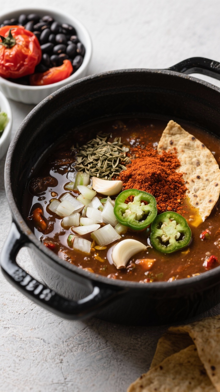 Overhead ingredients-to-pot transition shot for smoky black bean tortilla soup: a black enameled pot with sautéed diced onion, minced garlic, jalapeño, ground cumin, chili powder, and smoked paprika blooming in oil; next to it small bowls of black beans, fire-roasted tomatoes (