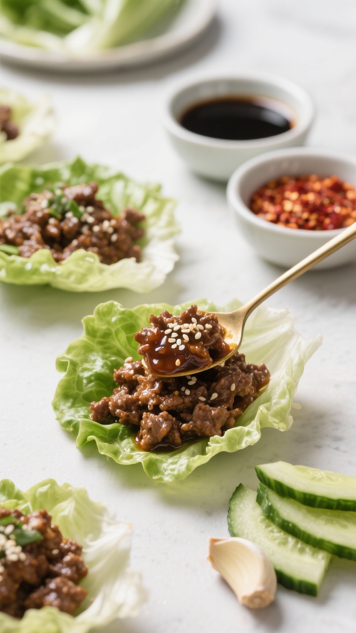 Overhead lettuce wrap assembly: Korean-inspired ground beef glossy from tamari or coconut aminos, rice vinegar, sesame oil, garlic, and fresh ginger spooned into crisp lettuce cups; sesame-dressed cucumber slices for crunch on the side, small bowls of tamari and chili flakes, clean, minimalist styling emphasizing umami glaze and fresh greens.
