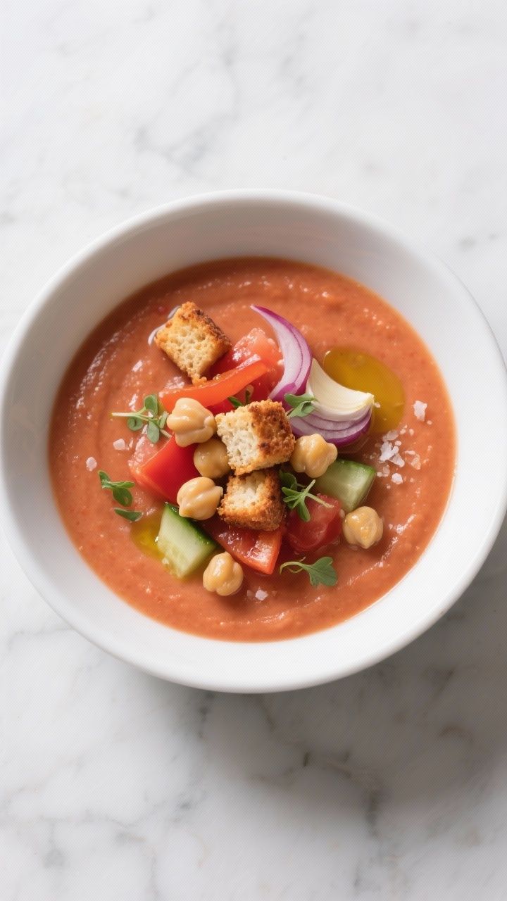 Overhead minimalist bowl of creamy tomato-garlic gazpacho with crispy chickpea croutons: silky blended mix of ripe tomatoes, red bell pepper, cucumber, a touch of red onion, small garlic clove, and sherry vinegar, finished with good olive oil; topped with oven-crisped chickpea croutons and a drizzle of olive oil; garnished with micro herbs and a pinch of flaky salt; served chilled in a wide rimmed white bowl on a cool marble surface.