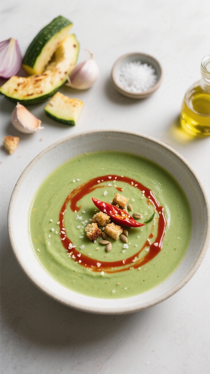 Overhead minimalist bowl shot of velvety roasted zucchini soup with chili oil swirl: smooth green soup made from roasted zucchini/yellow squash, onion, and garlic blended with olive oil, finished with a vivid red chili oil swirl and flaky salt, a few toasted seeds or crouton crumbs for texture, ingredients (raw squash chunks, onion, garlic cloves, a small dish of salt, and olive oil) subtly arranged around the bowl, clean ceramic, gentle diffused light.