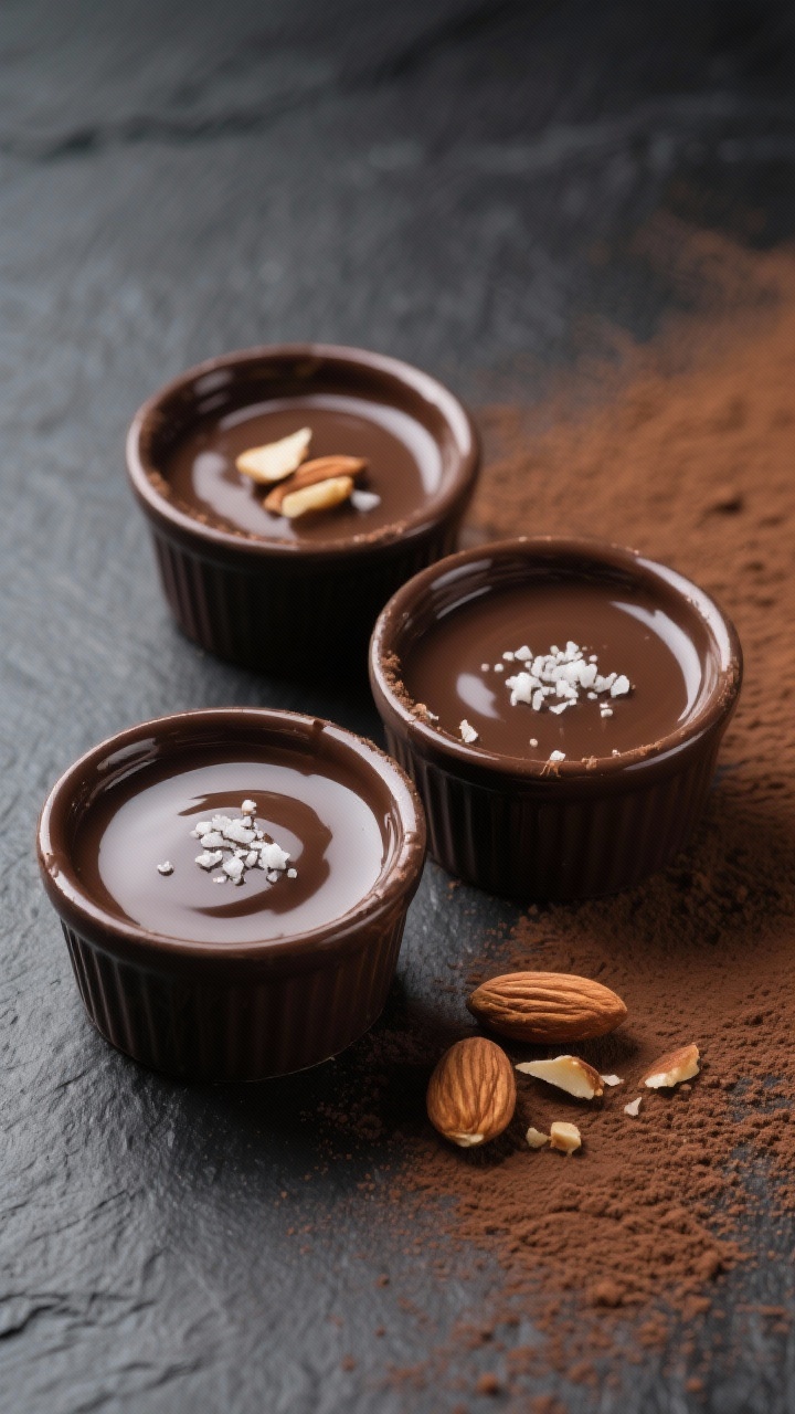 Overhead minimalist dessert scene: silky chocolate almond pots in small ramekins with glossy, mirror-like surface, sprinkled with flaky sea salt, a few toasted almond slivers, and a tiny drizzle of almond butter at the edge; cocoa powder dusting on the slate backdrop, moody side lighting to emphasize shine and luxurious texture.