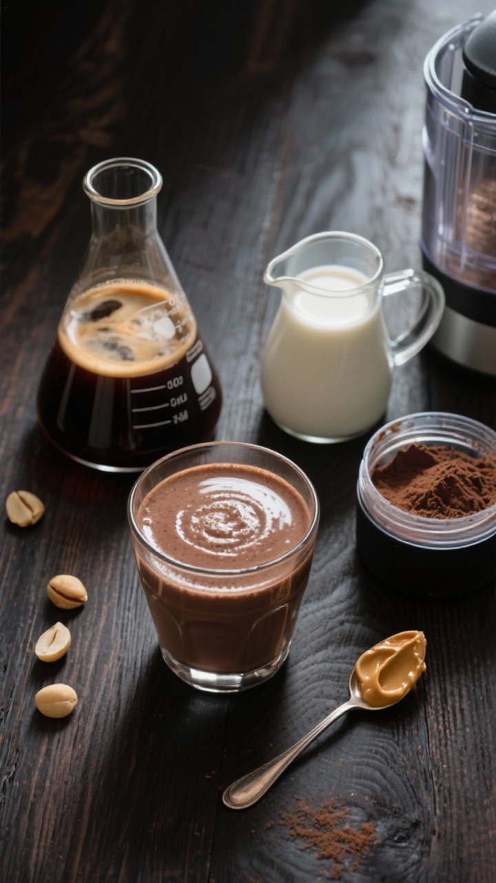 Overhead moody flat lay of a mocha macadamia keto smoothie setup: chilled brewed coffee in a beaker, unsweetened macadamia milk in a small pitcher, a blender cup with chocolate/mocha protein powder already added, and a spoonful of macadamia nut butter ready to drop. Final smoothie in a low glass with a glossy mocha surface and subtle coffee foam ring. Dark wood surface, directional side light, productivity vibe.