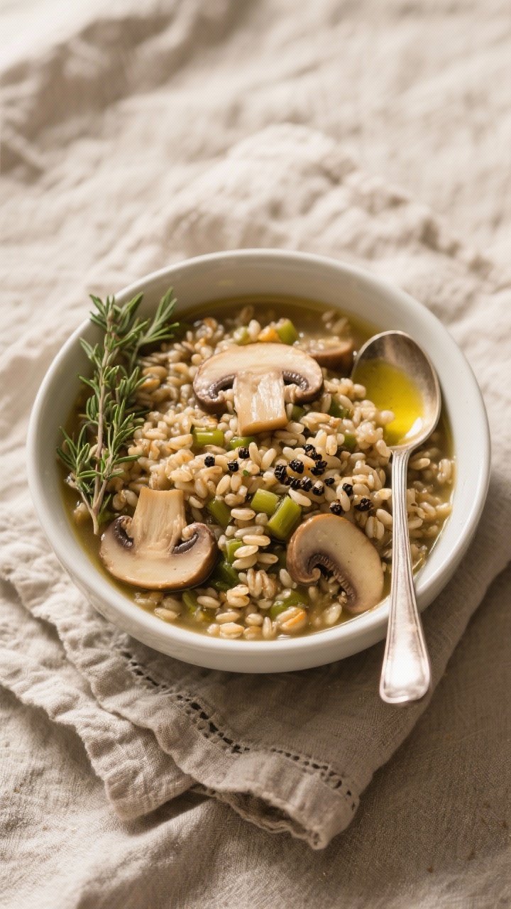 Overhead of Cozy Mushroom Barley In A Hurry: hearty bowl featuring sliced mushrooms and quick-cooking barley in a thyme-scented vegetable broth; sheen of olive oil, cracked pepper; thyme sprigs tucked beside the spoon; set on a textured linen.