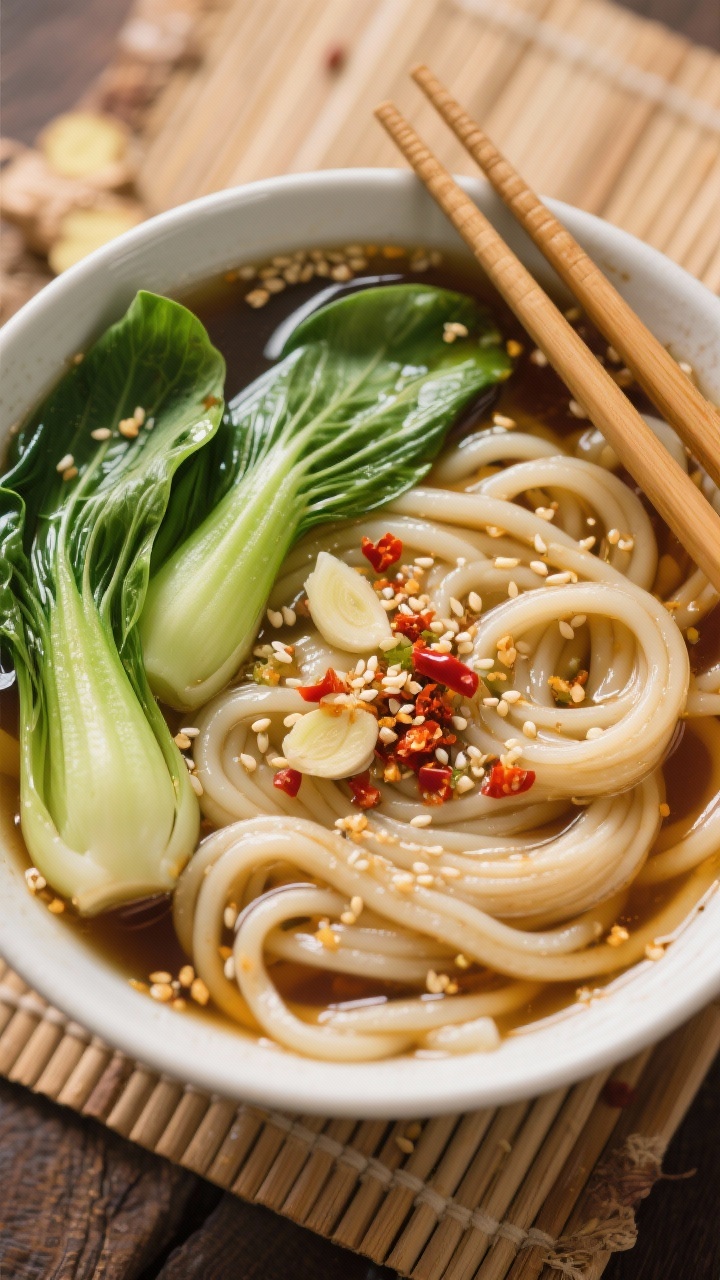 Overhead of Gingery Udon Soup With Bok Choy: glossy udon noodles lounging in a soy-rice vinegar broth with grated ginger and minced garlic; sliced baby bok choy fanned out; chili flakes and sesame seeds sprinkled; chopsticks aligned on a bamboo mat.