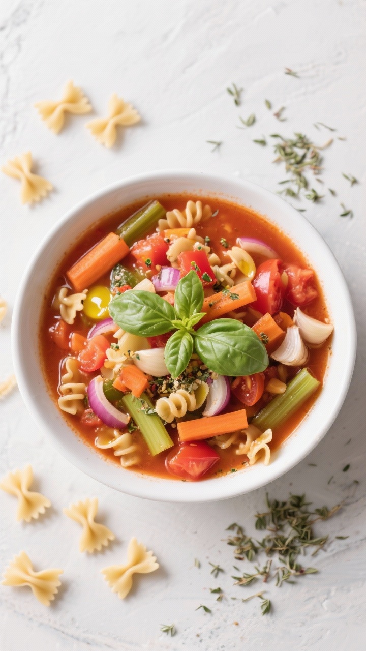 Overhead of Speedy Minestrone With Tiny Pasta: colorful medley of onion, carrot, celery, garlic with tiny pasta shapes, diced tomatoes, and Italian seasoning in a tomato-broth base; garnished with basil and a drizzle of olive oil; scattered dry pasta and oregano around.
