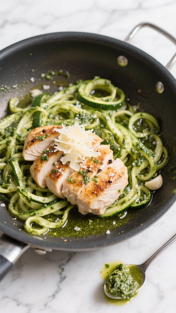 Overhead one-pan action shot: thinly sliced chicken breast seared in olive oil, tossed with glossy low-sugar basil pesto; green zucchini “noodles” folded through, strands catching pesto; seasoning of sea salt, black pepper, and garlic powder visible on the chicken; a small mound of freshly grated cheese (Parmesan) melting into the pan; set in a nonstick skillet on a marble counter with a spoon trail of pesto nearby, clean, vibrant, herby aroma implied.