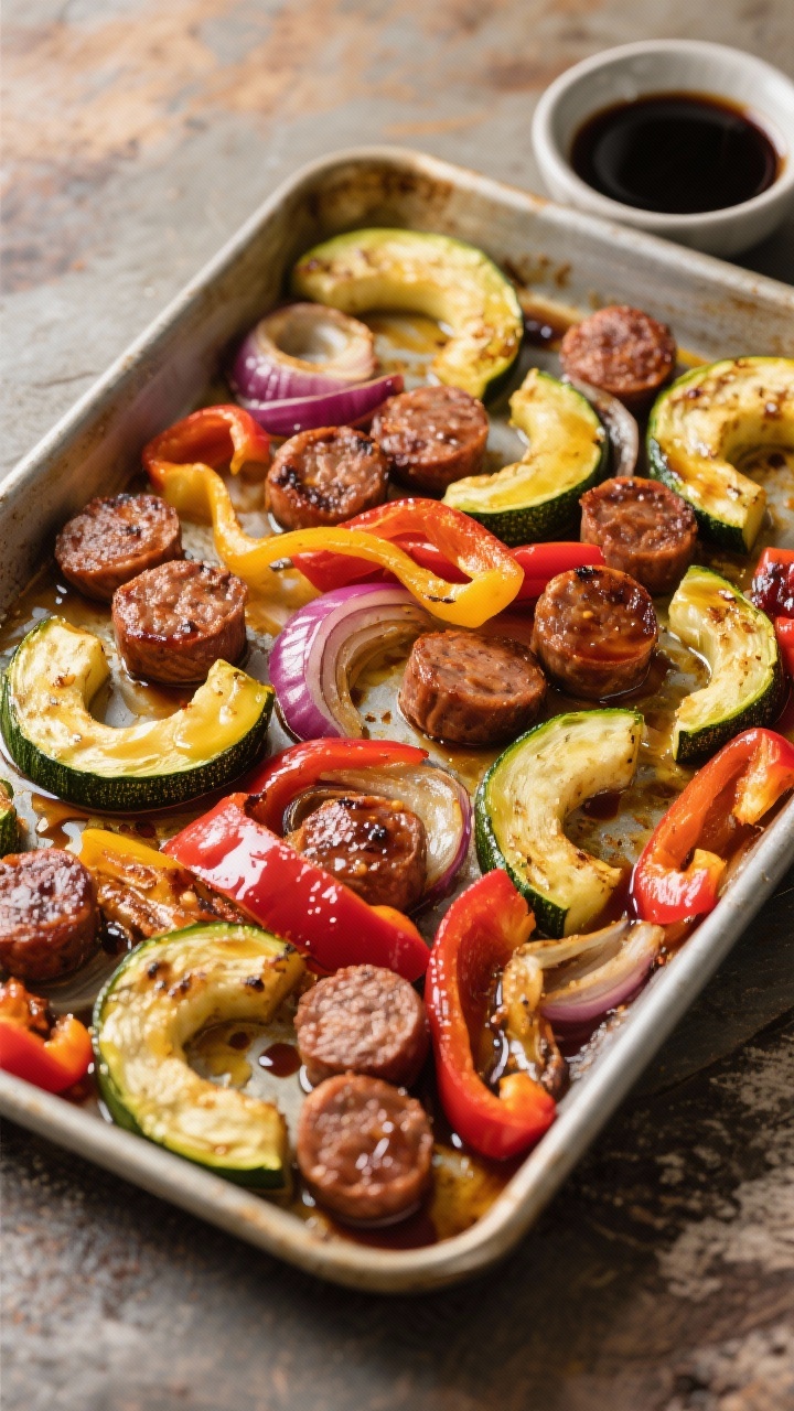 Overhead one-pan scene of sausage, squash, and peppers just out of the oven: a large sheet pan loaded with browned Italian sausage coins, half-moon slices of zucchini and yellow squash, wedges of red onion, and colorful bell pepper strips, caramelized edges and glossy from olive oil, finished with a balsamic drizzle pooling in places, rustic kitchen surface with a small bowl of thick balsamic nearby, vibrant, family-style mood.