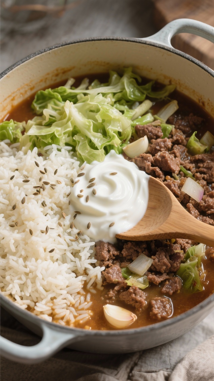 Overhead one-pot scene in a Dutch oven: a cohesive blend of ground beef, shredded green cabbage, diced onion, minced garlic, and long-grain white rice simmered in beef broth, finished with a swirl of heavy cream; visible caraway seeds sprinkled across the surface, rice plump and separate, cabbage tender, broth reduced to a creamy gravylike consistency; wooden spoon resting inside, rustic kitchen vibe, soft side light.