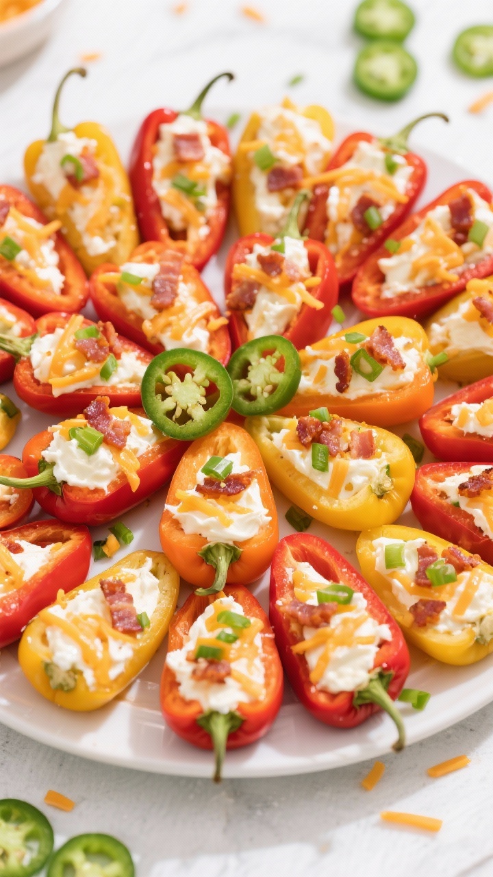 Overhead party platter of jalapeño popper stuffed mini peppers: halved mini sweet peppers filled with a creamy mixture of softened cream cheese, shredded sharp cheddar, crumbled bacon, minced jalapeños, and sliced green onions; colorful reds, oranges, and yellows arranged in a radial pattern; a few extra jalapeño slices scattered; bright, cheerful light, crisp focus on filling texture.