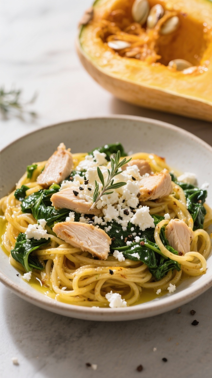 Overhead plated bowl of Mediterranean Spaghetti Squash Florentine with Feta Crumble: golden roasted spaghetti squash strands twirled with chopped spinach and chunks of cooked chicken breast, drizzled with olive oil and seasoned with kosher salt and black pepper; snowy crumbles of feta scattered on top with a few oregano leaves; the roasted squash shell in the background, seeds removed, conveying rustic, sunlit Mediterranean vibes.