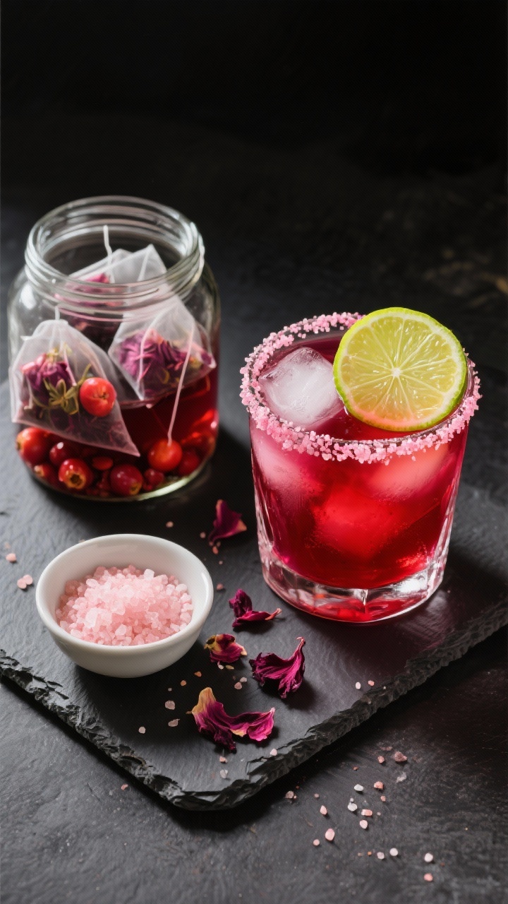 Overhead plated presentation of a Hibiscus Rose Hip Cooler With Lime and Pink Salt: vibrant ruby-red hibiscus-rose hip tea in a rocks glass over ice, rim kissed with fine pink salt, thin lime wheels and a squeeze of fresh lime floating; a steeping jar with hibiscus and rose hips (4 hibiscus bags + rose hips in 3 cups hot water, finished with 1 cup cold water), a small bowl of monk fruit/allulose crystals, scattered hibiscus petals; dramatic contrast on dark slate to make the color pop.