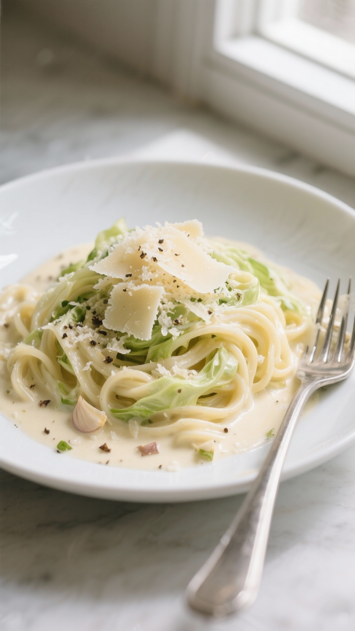 Overhead plated presentation of creamy garlic Parmesan “Alfredo” with shirasaki or ribboned cabbage noodles: silky heavy-cream sauce with butter and olive oil clinging to the noodles, speckled with minced garlic, freshly grated Parmesan piled on top, a whisper of nutmeg and cracked black pepper; finished with extra Parmesan shavings; served in a shallow white bowl with a silver fork, bright window light for a luxurious, keto-friendly feel.
