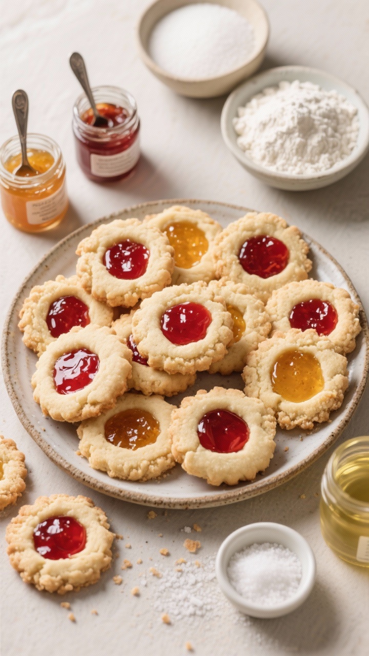 Overhead plated presentation of Jam-Thumbprint Sugar Cookies With Pantry Preserves: a rustic ceramic plate filled with thumbprint cookies, centers brimming with glossy red and golden jam varieties. Surround with small jars/spoons of pantry preserves, bowls of flour, granulated sugar, powdered sugar, baking powder, baking soda, fine sea salt, and neutral oil. Crumb textures visible on the edges, jewel-toned jam gleaming. Neutral backdrop, gentle natural light to make the preserves pop.