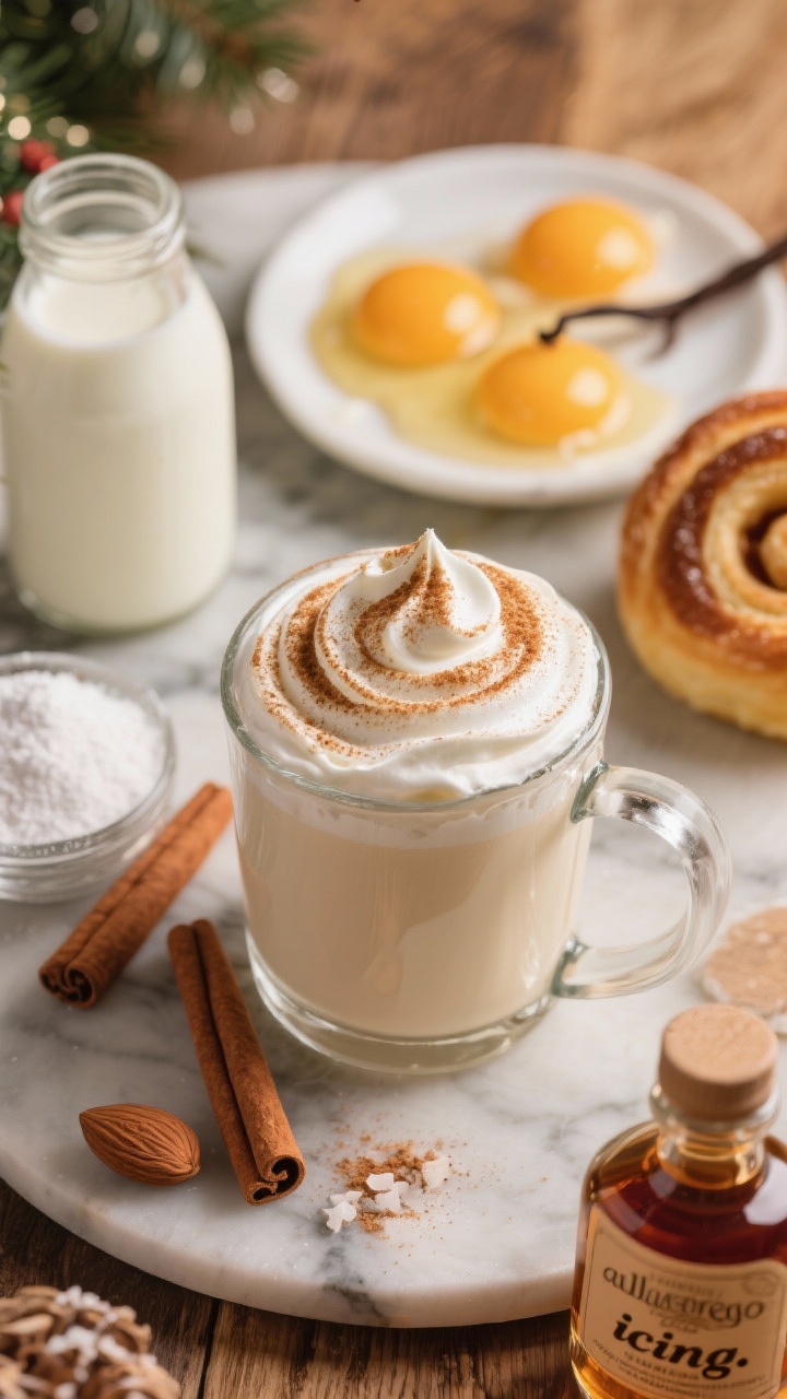 Overhead plated presentation of spiked cinnamon-roll eggnog with cream cheese foam. A clear mug holds cinnamon-spiced eggnog, topped with a thick, glossy cream cheese foam swirl, a dusting of cinnamon, and a tiny drizzle of vanilla allulose “icing.” Surround with ingredients: unsweetened almond milk, heavy cream, three egg yolks, powdered allulose, vanilla extract, ground cinnamon, a pinch of salt, and a small bottle of spiced rum or bourbon. Warm bakery tones, marble and wood mix, inviting holiday feel.