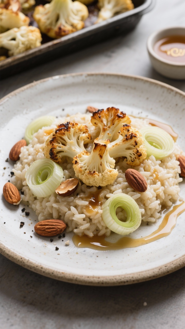 Overhead plated scene of roasted cauliflower risotto with brown butter and almonds: creamy rice crowned with caramelized cauliflower florets, a drizzle of nutty brown butter, and toasted sliced almonds; delicate rings of sautéed leek intertwined; olive oil gloss, salt and black pepper specks; served on a stoneware plate with a small dish of browned butter and a tray of roasted cauliflower in the background for a “wow” finish.