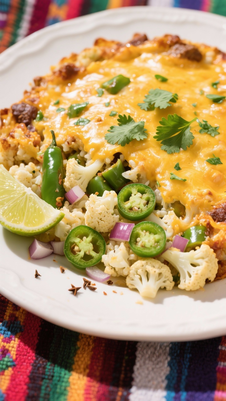 Overhead plated serving of Tex-Mex Green Chile Cauliflower “Rice” Casserole: riced cauliflower sautéed with chopped onion, minced garlic, and optional jalapeño, seasoned with ground cumin; folded with green chiles and melty cheese into a cohesive, cheesy bake; finished with a sprinkle of fresh cilantro and lime wedges on the side; vibrant golden-cheesy top with green flecks; set on a colorful textile for a Tex-Mex mood, bright daylight to emphasize freshness and spice.