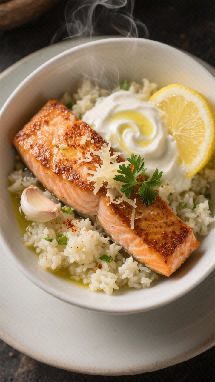 Overhead plated shot: Creamy garlic butter salmon bowls assembled in wide white bowls—seared salmon fillets, skin-on with crispy edges, nestled over cauliflower rice with a glossy garlic-butter sauce. Visible minced garlic, a swirl of heavy cream emulsified with grated Parmesan, a squeeze of lemon, and a dusting of smoked paprika. Olive oil sheen, lemon wedge and parsley garnish. Warm, moody lighting to emphasize healthy fats and silky texture, steam gently rising.