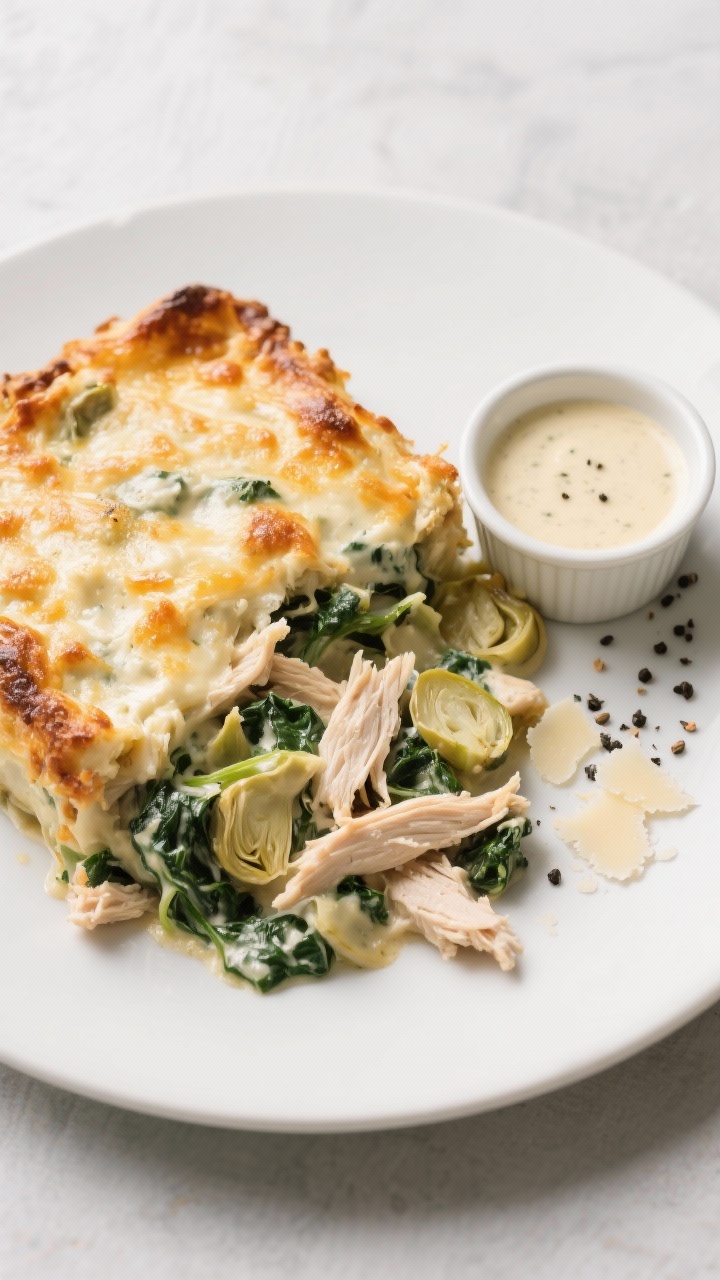 Overhead plated shot of creamy spinach artichoke chicken casserole served on a matte white plate: succulent shredded chicken folded with thawed, well-drained spinach and chopped artichoke hearts in a rich cream and cream-cheese sauce, lightly browned cheesy top, silky and thick; a small ramekin of extra sauce to the side, scattered cracked black pepper and Parmesan shavings; cool-toned backdrop for a cozy, comforting mood.