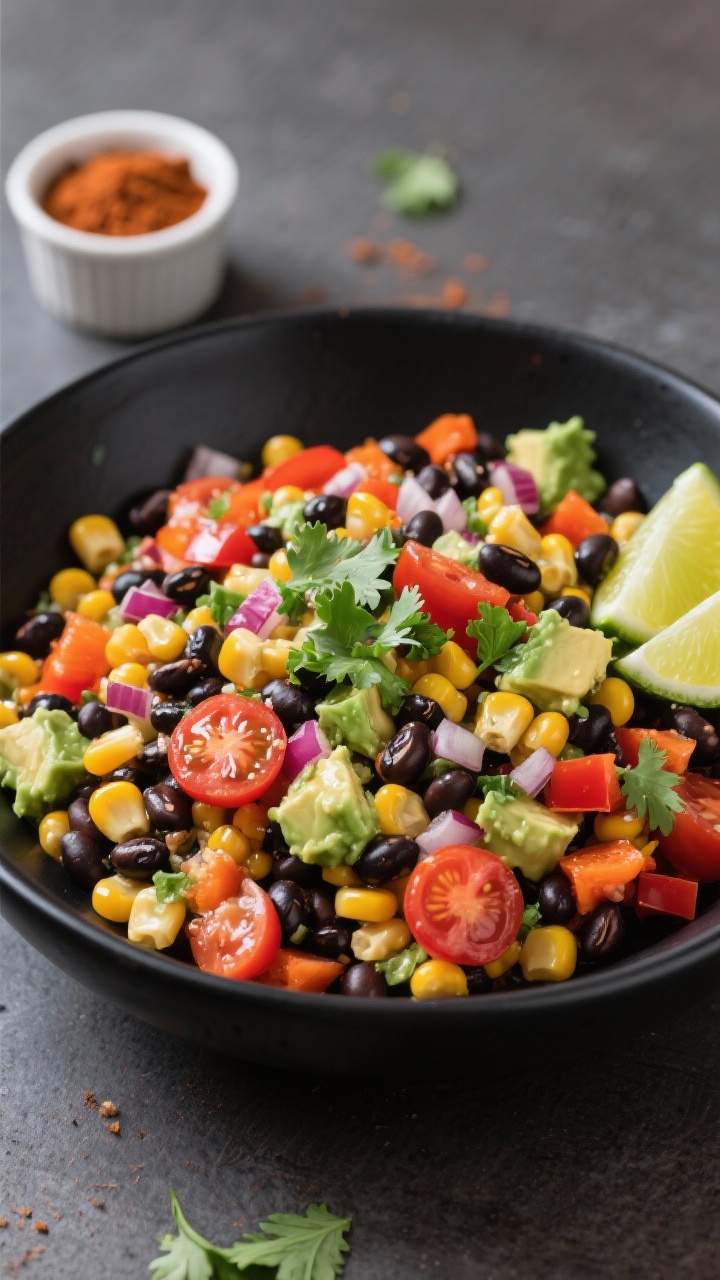 Overhead plated Southwest black bean corn salad in a large matte-black bowl: corn kernels tossed with black beans, diced orange/red bell pepper, finely chopped red onion, quartered cherry tomatoes, and diced creamy avocado, dressed with a glossy avocado-lime dressing; garnished with chopped cilantro and lime wedges, with a small ramekin of cumin and smoked paprika to hint at the Southwest flavor