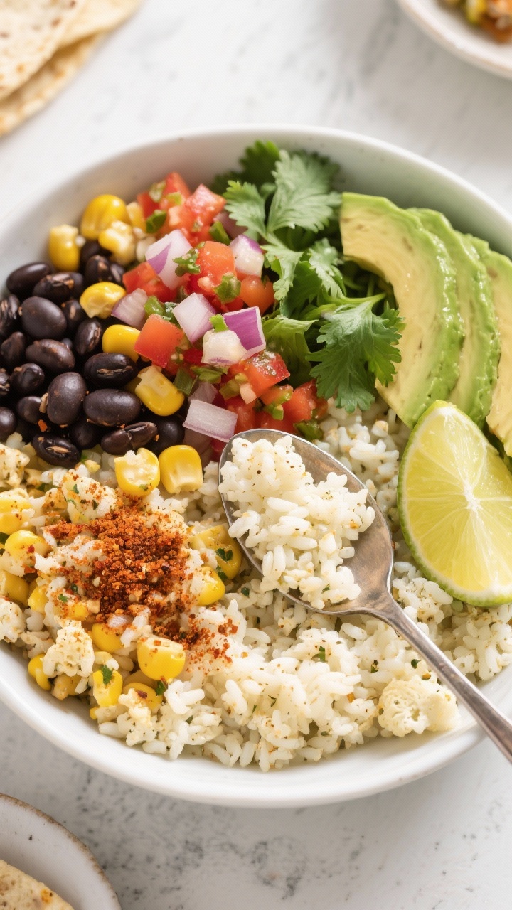 Overhead plated Zesty Cauliflower Rice Burrito Bowl: fluffy cauliflower rice sautéed with diced onion, seasoned with cumin, chili powder, garlic powder, salt and black pepper; topped with colorful burrito bowl fixings—black beans, corn, pico de gallo, avocado slices, cilantro, lime wedges; a spoon mid-frame showing the separate grains; bright, vibrant, light-on-carbs vibe.