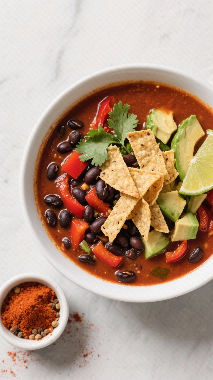 Overhead presentation of Smoky Black Bean Tortilla Soup: black beans and red bell pepper in a brick-red broth seasoned with chili powder, cumin, and smoked paprika; topped with crisp tortilla strips, diced avocado, cilantro, and lime; a small ramekin of paprika and cumin in scene.