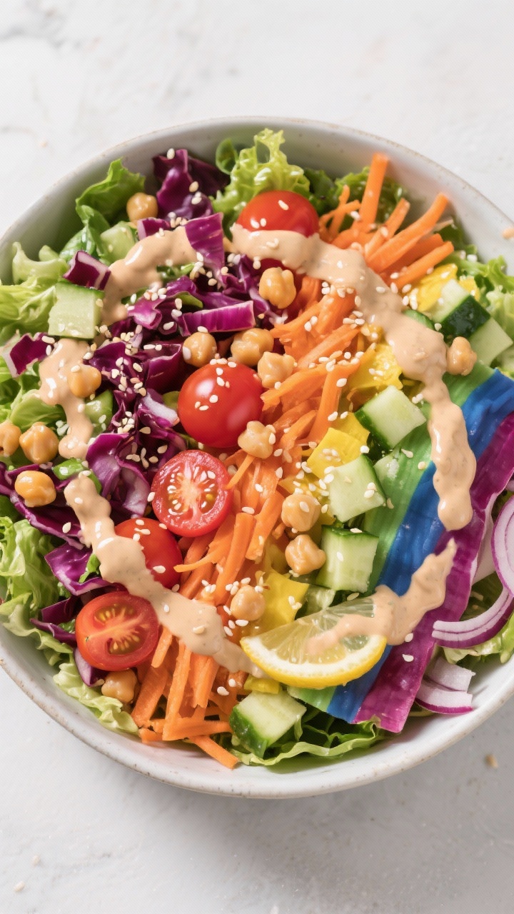 Overhead Rainbow Chopped Salad with Tangy Tahini: a large shallow bowl packed with chopped romaine/mixed greens, chopped cucumber, halved cherry tomatoes, shredded red cabbage, grated carrots, chickpeas, and thinly sliced red onion; drizzled with creamy tahini-lemon dressing, sprinkled with sesame seeds; vibrant color bands arranged neatly; crisp, fresh, appetizing presentation.
