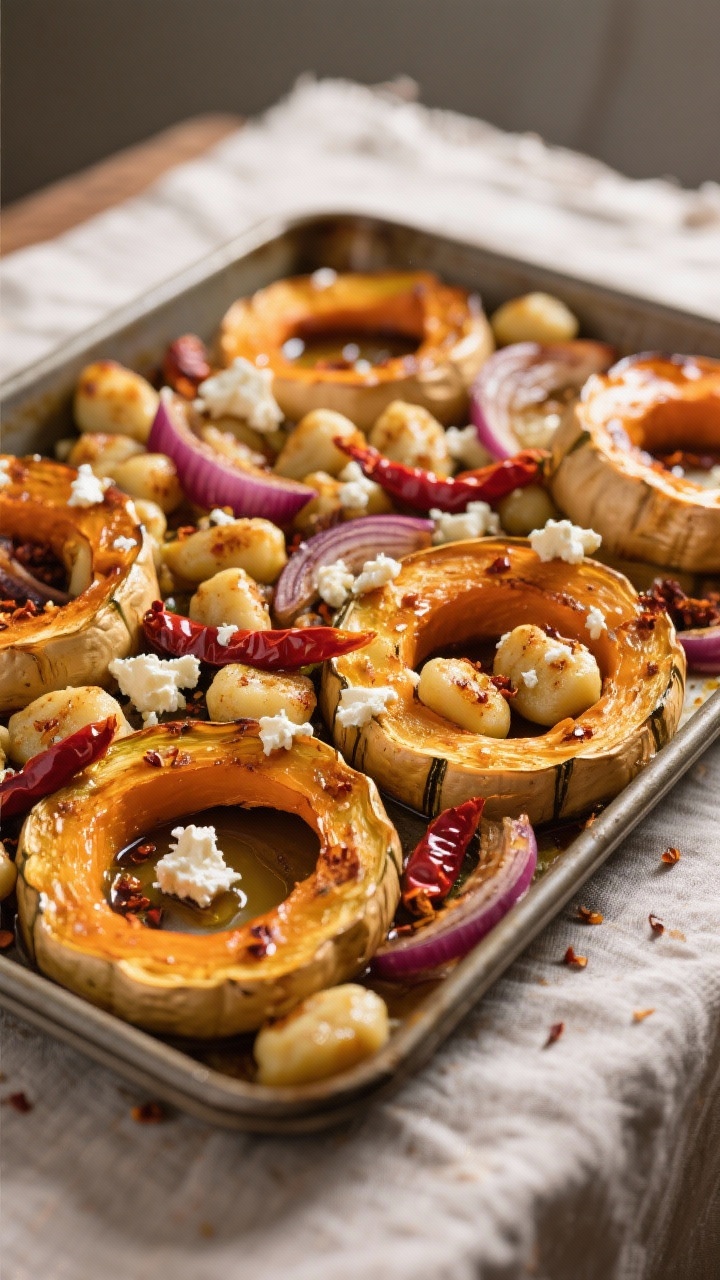 Overhead roasted composition of Maple-Chile Keto Gnocchi with Delicata and Goat Cheese: a baking tray or wide platter featuring caramelized rings of delicata squash (skin on), roasted keto gnocchi, and red onion slices, all lacquered with olive oil and sugar-free maple syrup (or allulose) plus a warm chili kick; finished with crumbles of tangy goat cheese; scattered chili flakes and toasted edges gleam; autumn color palette of gold, orange, and crimson on a linen-lined table.