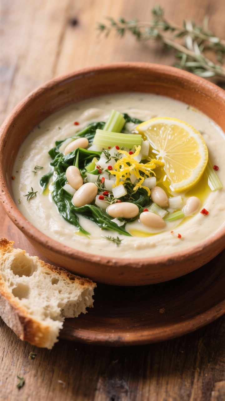 Overhead rustic bowl shot for Lemony White Bean & Greens Soup: creamy-blended cannellini base swirled with whole white beans and ribbons of tender greens, studded with diced onion and celery, seasoned with dried oregano and a pinch of red pepper flakes; bright lemon zest and a squeeze of lemon on top, drizzle of olive oil pooling on the surface; served in an earthenware bowl with torn crusty bread, on a wooden table, conveying light, fresh, cozy Mediterranean comfort.