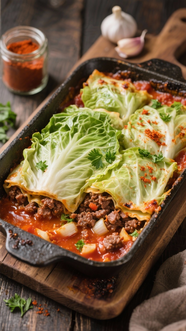 Overhead rustic casserole pan of Cabbage Roll Lasagna: blanched green cabbage leaves layered with a savory mix of ground beef and pork, diced onion, minced garlic, smoked paprika, and tomato sauce; visible ribbons of cabbage with glossy sheen, meat layer peeking through, paprika-tinted sauce pooling at corners, lightly charred edges; sprinkled with parsley, set on a wooden board with a jar of paprika and garlic cloves, cozy weeknight feel.