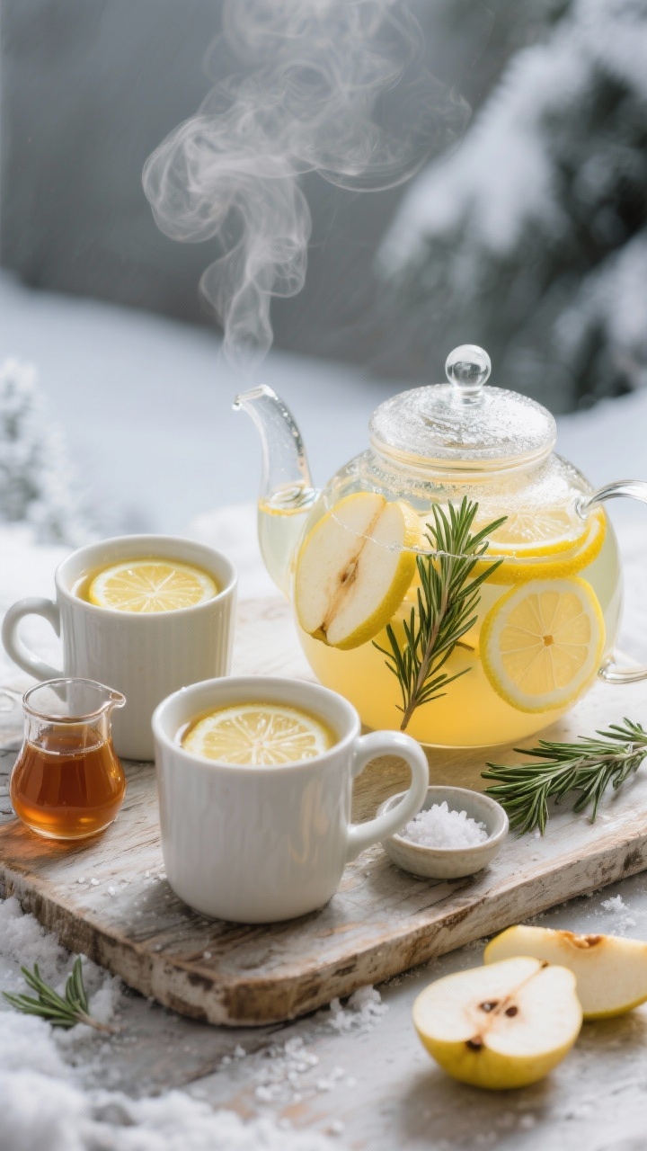Overhead rustic scene of Alpine Rosemary Hot Lemonade with Maple and Pear: a clear teapot filled with hot lemon-maple infusion, thin pear slices and fresh rosemary sprigs visible; two mugs garnished with lemon wheels, a drizzle of maple syrup in a tiny pitcher, pinch bowl of sea salt, and extra pear slices; cool winter backdrop with soft natural light, fresh citrus brightness and herbal aromatics, gentle steam.