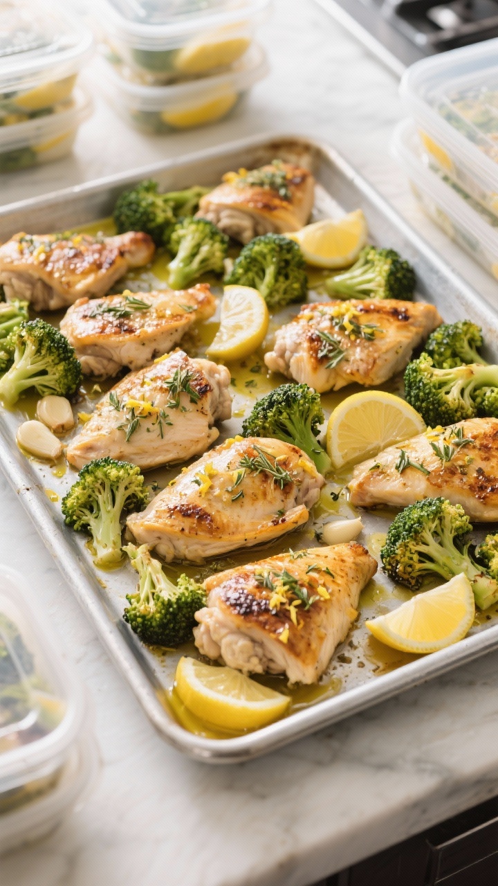 Overhead sheet-pan batch-cook scene: Lemon herb chicken and broccoli arranged on a large metal sheet pan. Boneless, skin-on chicken thighs rubbed with olive oil, lemon zest and juice, minced garlic, dried oregano, and dried thyme, roasted to golden blistered skin. Broccoli florets slightly charred at the edges, glistening with olive oil. Multiple meal-prep containers nearby being filled. Bright, efficient kitchen light to convey planning and productivity.