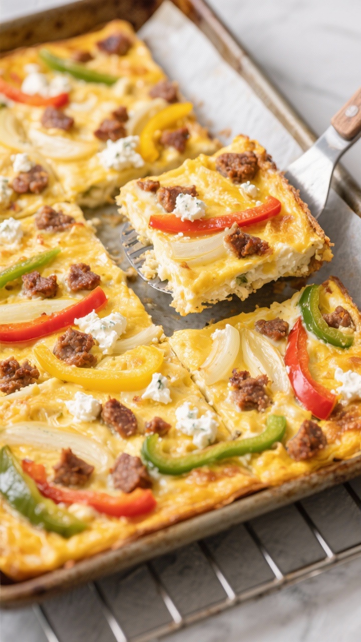 Overhead sheet-pan frittata just set and sliced into squares: a golden egg base enriched with heavy cream, studded with browned Italian sausage crumbles, thinly sliced yellow onion, and ribbons of red and green bell pepper; dollops of creamy goat cheese slightly melted across the surface. The pan rests on a baking rack over parchment, with a spatula lifting one portion to show fluffy interior; warm, inviting tones and sharp detail on roasted edges.